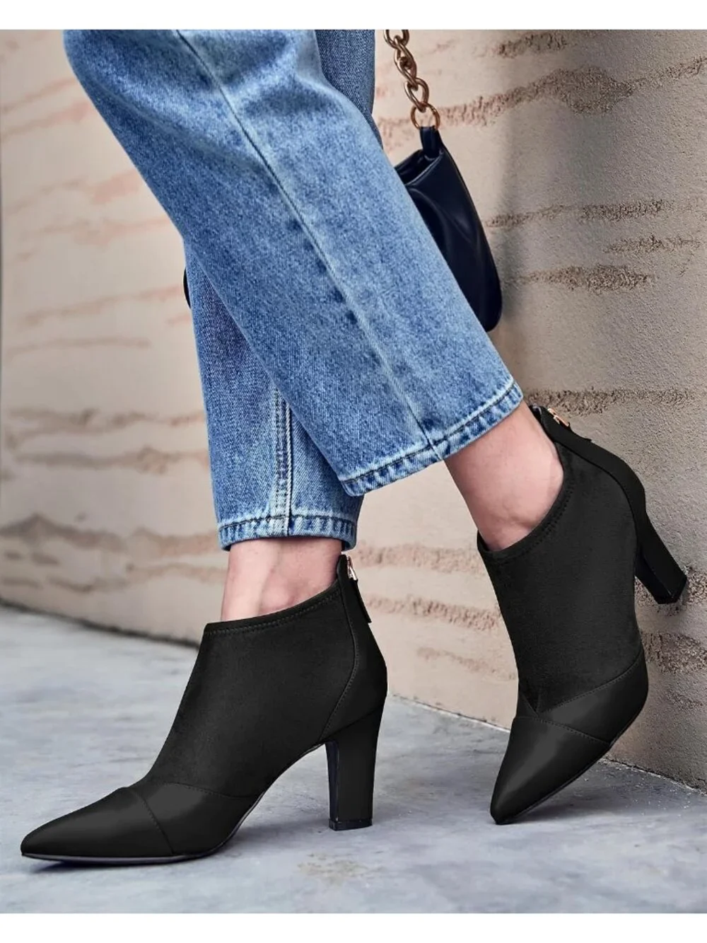 Women's Black Pointed Toe Stiletto Heel Splicing Back Zipper Ankle Boots